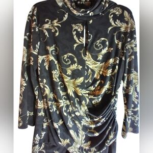 7th Ave Elegant Black and Gold Floral Faux Wrap Top Size Large Eveningwear Trip